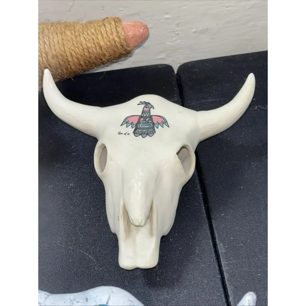 5 Southwestern Pottery Ceramic Bull Skull Hand-Painted Wall Table Decor 7” & 5”